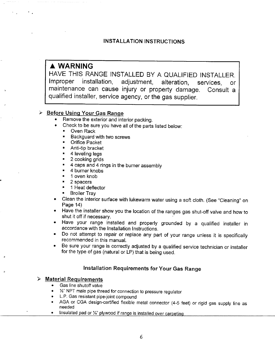 A warning, Before using your gas range, Installation requirements for your gas range | Material requirements, Installation instructions | Avanti GR-24BG User Manual | Page 6 / 18