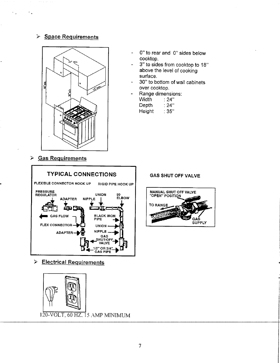 Electrical requirements, Space requirements, Gas requirements typical connections | Electrical requirements 5 amp minimum | Avanti GR-24BG User Manual | Page 7 / 18