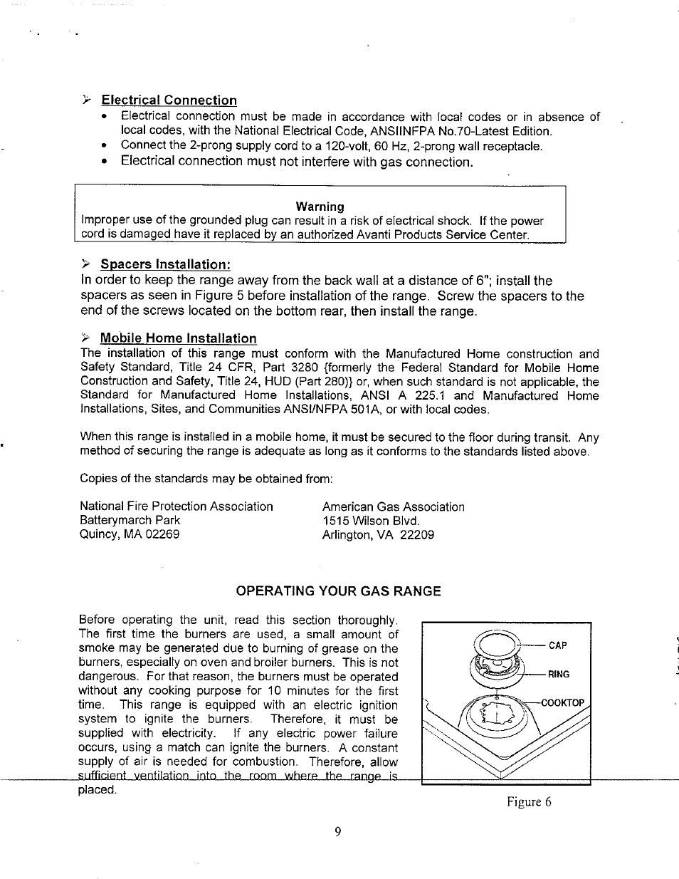 Electrical connection, Spacers installation, Mobile home installation | Figure 6, Operating your gas range | Avanti GR-24BG User Manual | Page 9 / 18