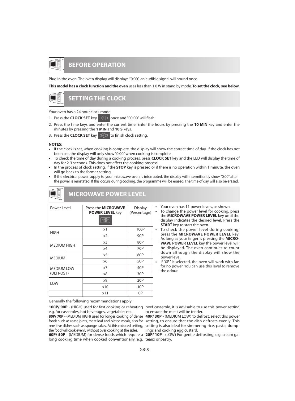 Before operation microwave power level, Setting the clock | Sharp R-642WE User Manual | Page 10 / 226