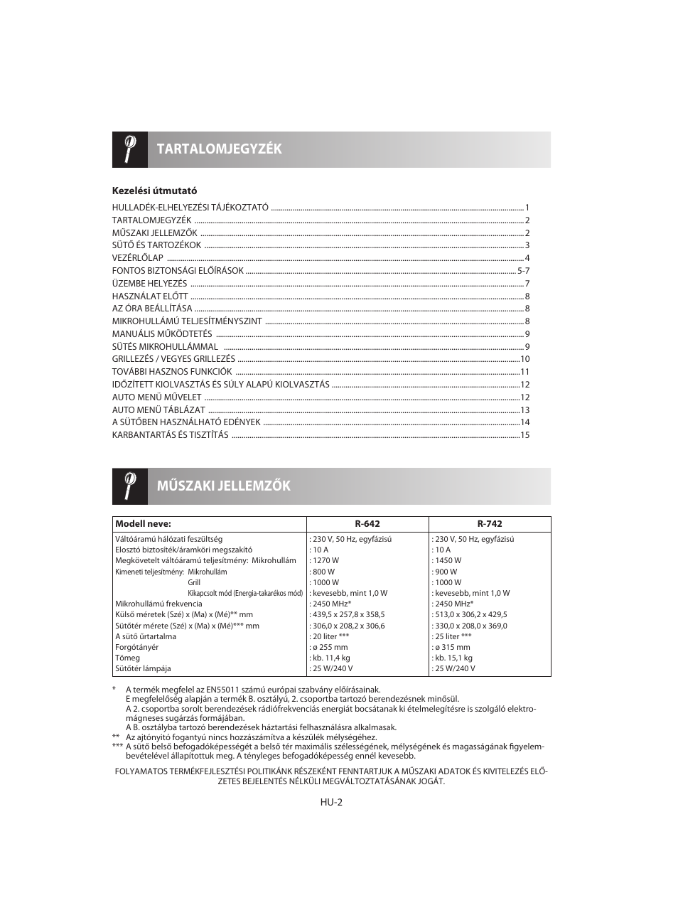 Műszaki jellemzők tartalomjegyzék | Sharp R-642WE User Manual | Page 100 / 226
