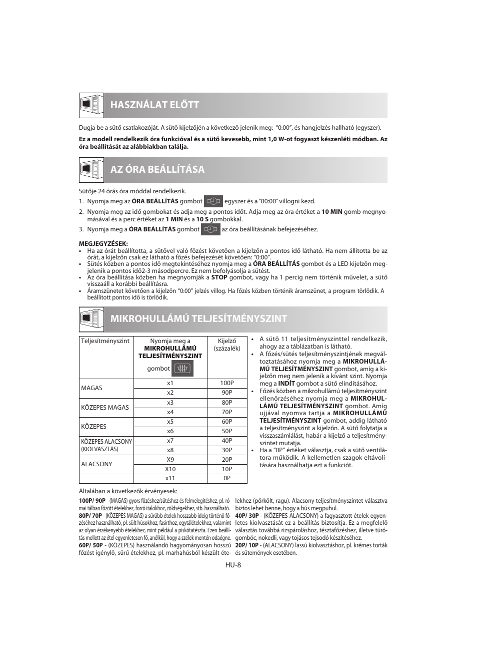 Használat előtt mikrohullámú teljesítményszint, Az óra beállítása | Sharp R-642WE User Manual | Page 106 / 226