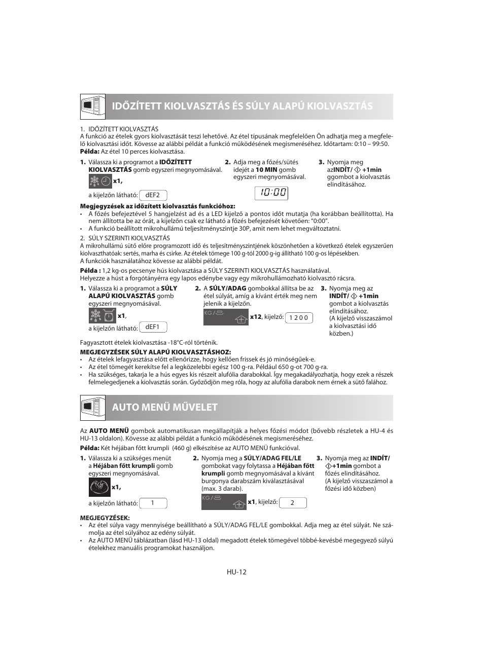 Időzített kiolvasztás és súly alapú kiolvasztás, Auto menü művelet | Sharp R-642WE User Manual | Page 110 / 226