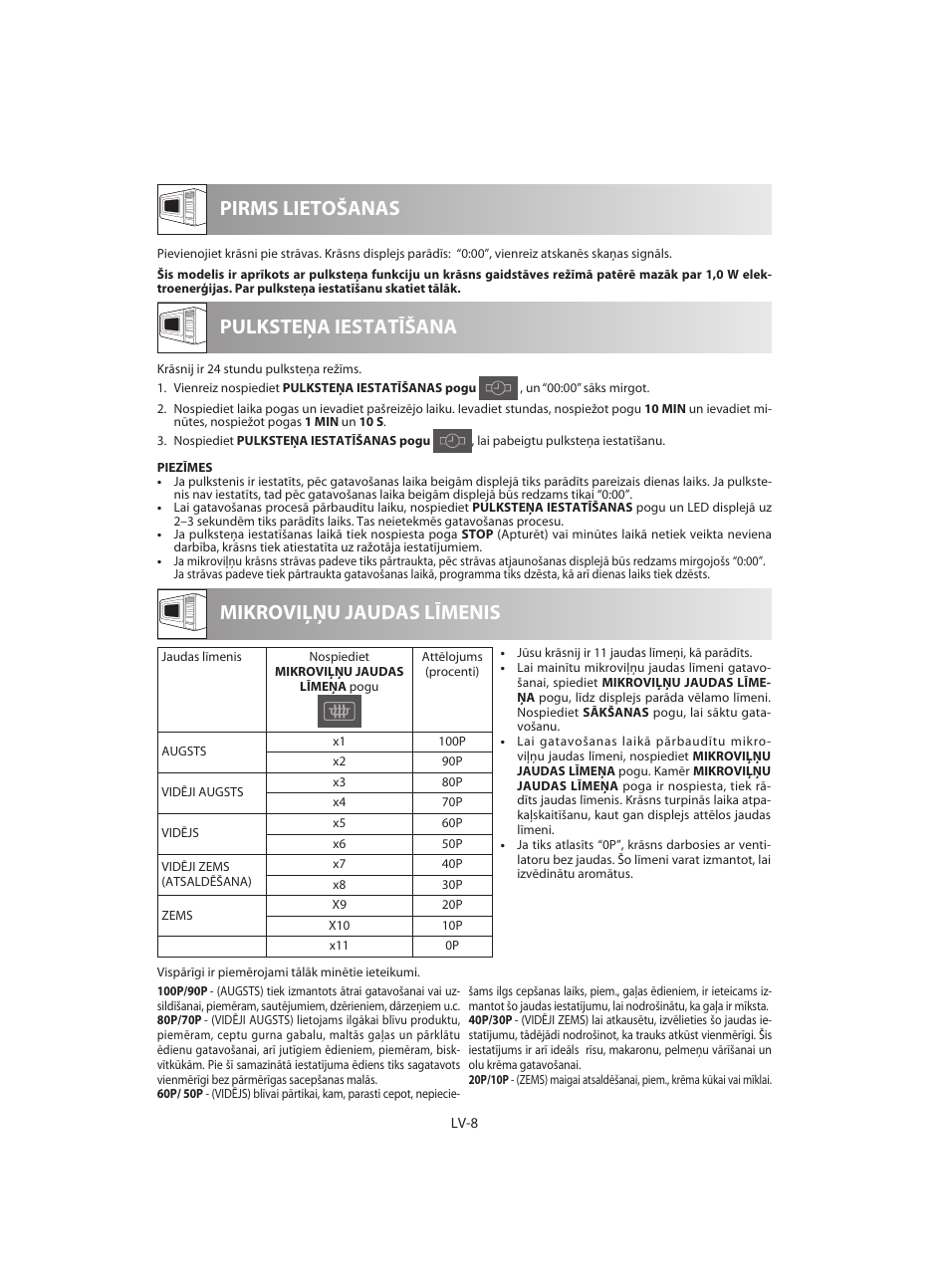 Pirms lietošanas mikroviļņu jaudas līmenis, Pulksteņa iestatīšana | Sharp R-642WE User Manual | Page 138 / 226
