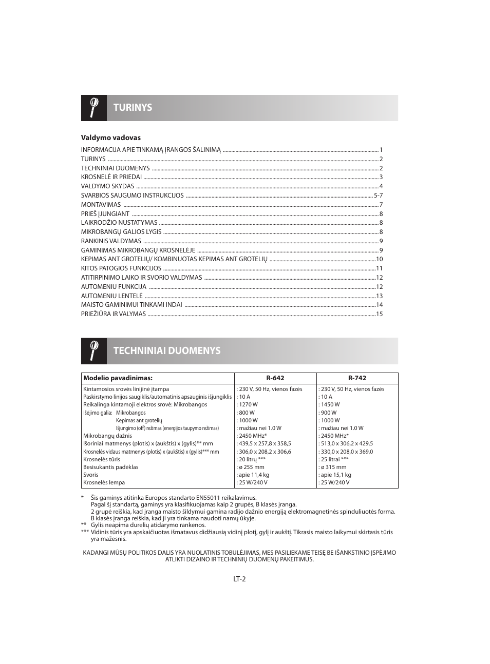 Techniniai duomenys turinys | Sharp R-642WE User Manual | Page 148 / 226