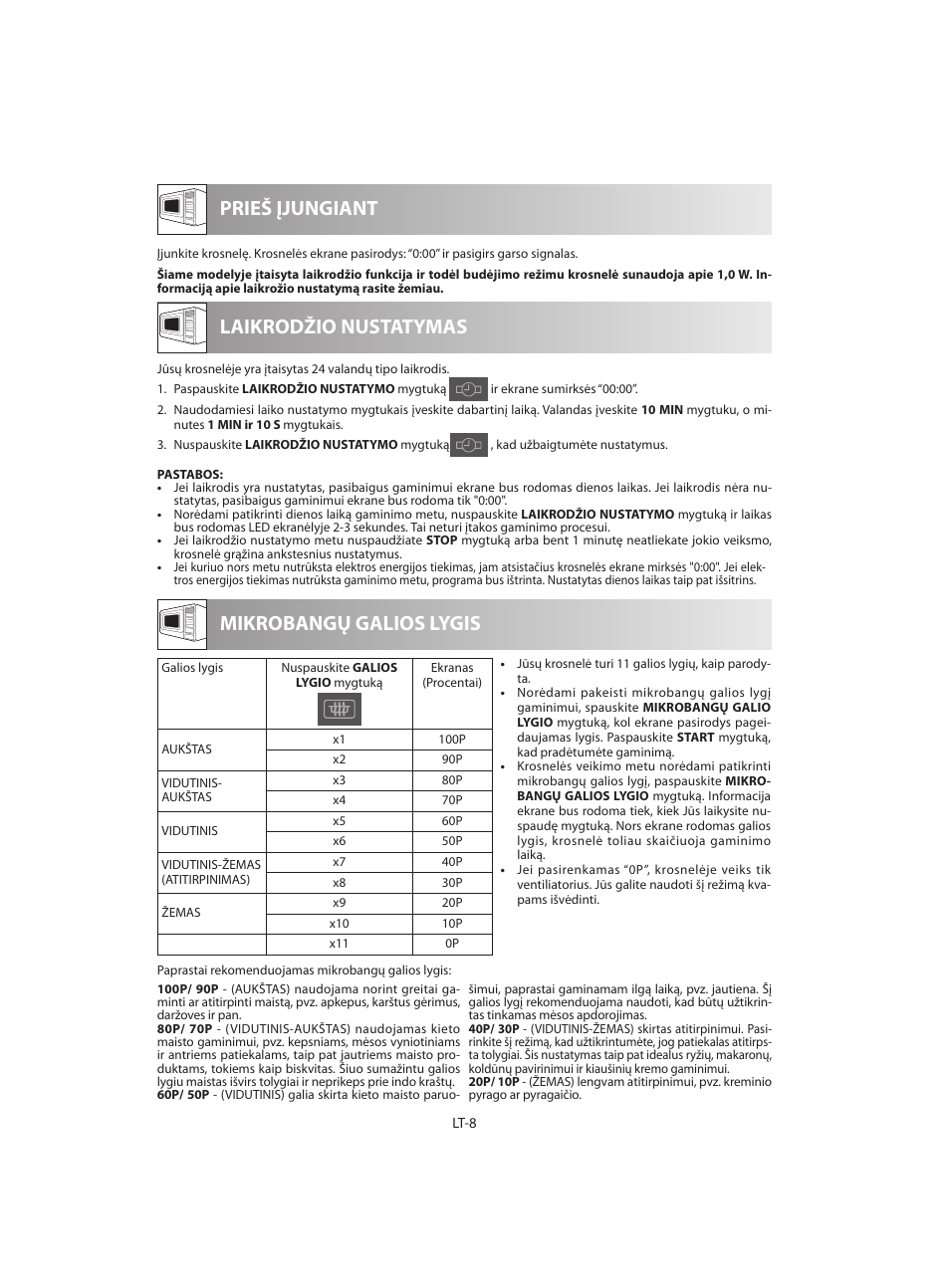 Prieš įjungiant mikrobangų galios lygis, Laikrodžio nustatymas | Sharp R-642WE User Manual | Page 154 / 226