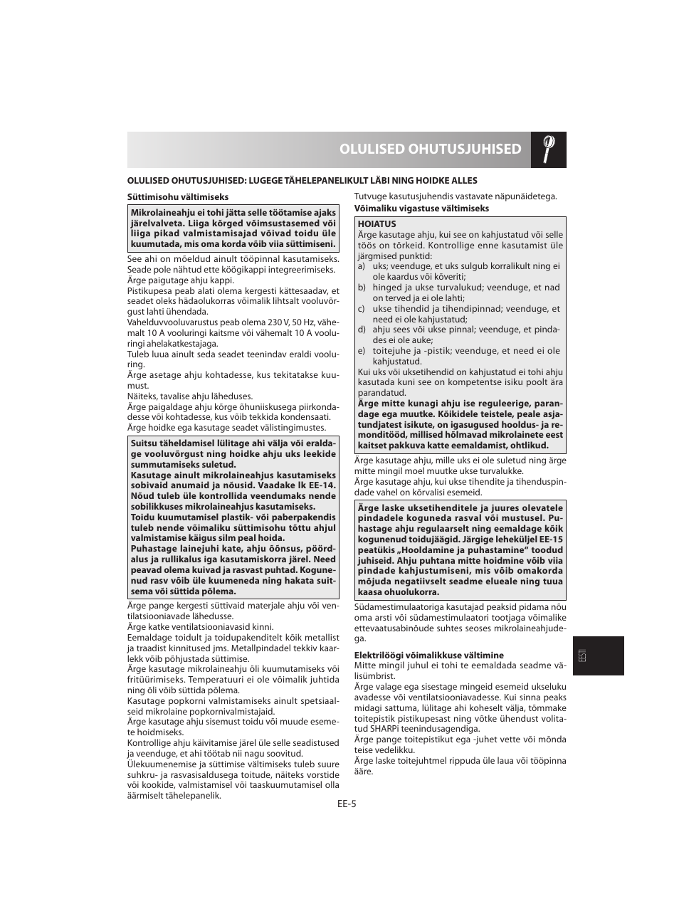 Olulised ohutusjuhised | Sharp R-642WE User Manual | Page 167 / 226