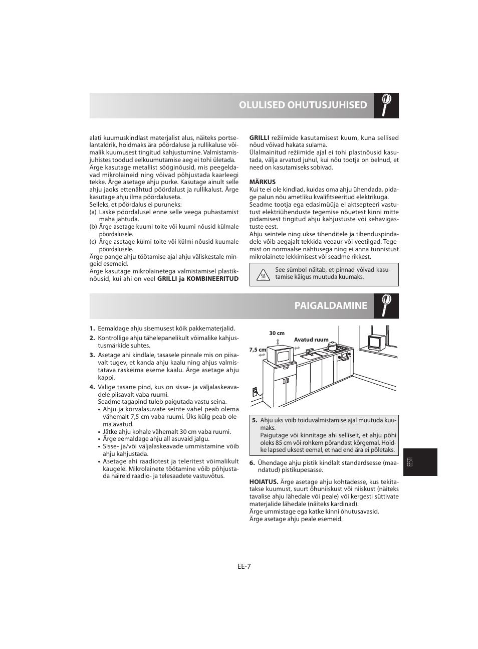 Paigaldamine olulised ohutusjuhised | Sharp R-642WE User Manual | Page 169 / 226