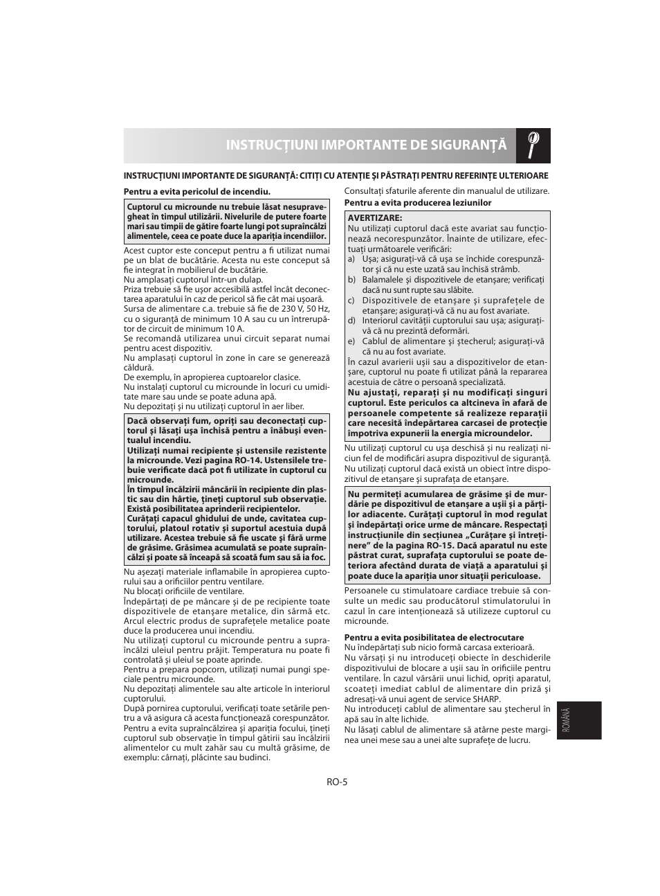 Instrucţiuni importante de siguranţă | Sharp R-642WE User Manual | Page 199 / 226