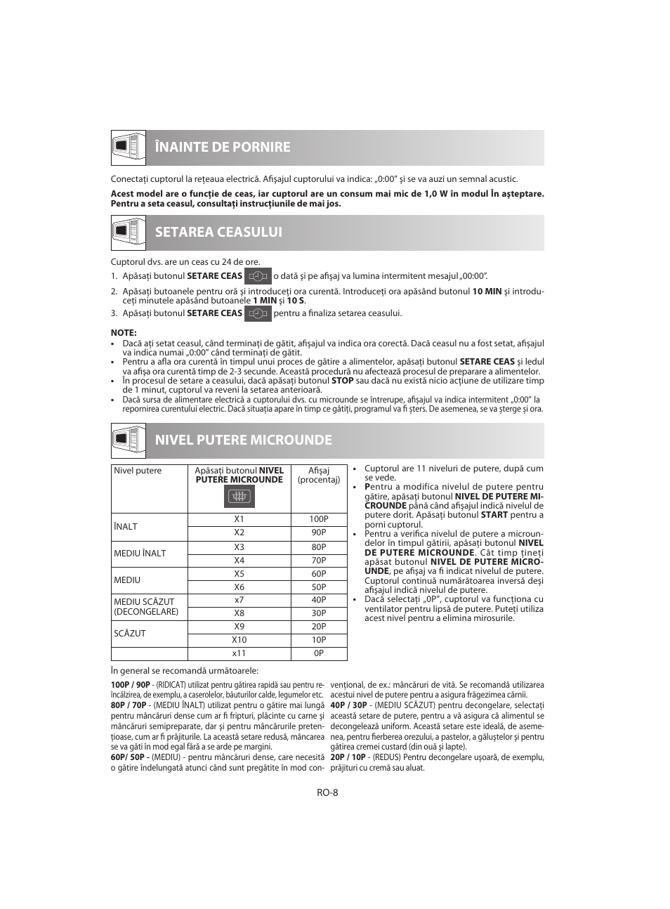 Înainte de pornire nivel putere microunde, Setarea ceasului | Sharp R-642WE User Manual | Page 202 / 226