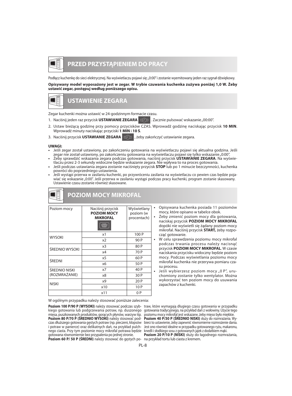 Przed przystąpieniem do pracy poziom mocy mikrofal, Ustawienie zegara | Sharp R-642WE User Manual | Page 26 / 226