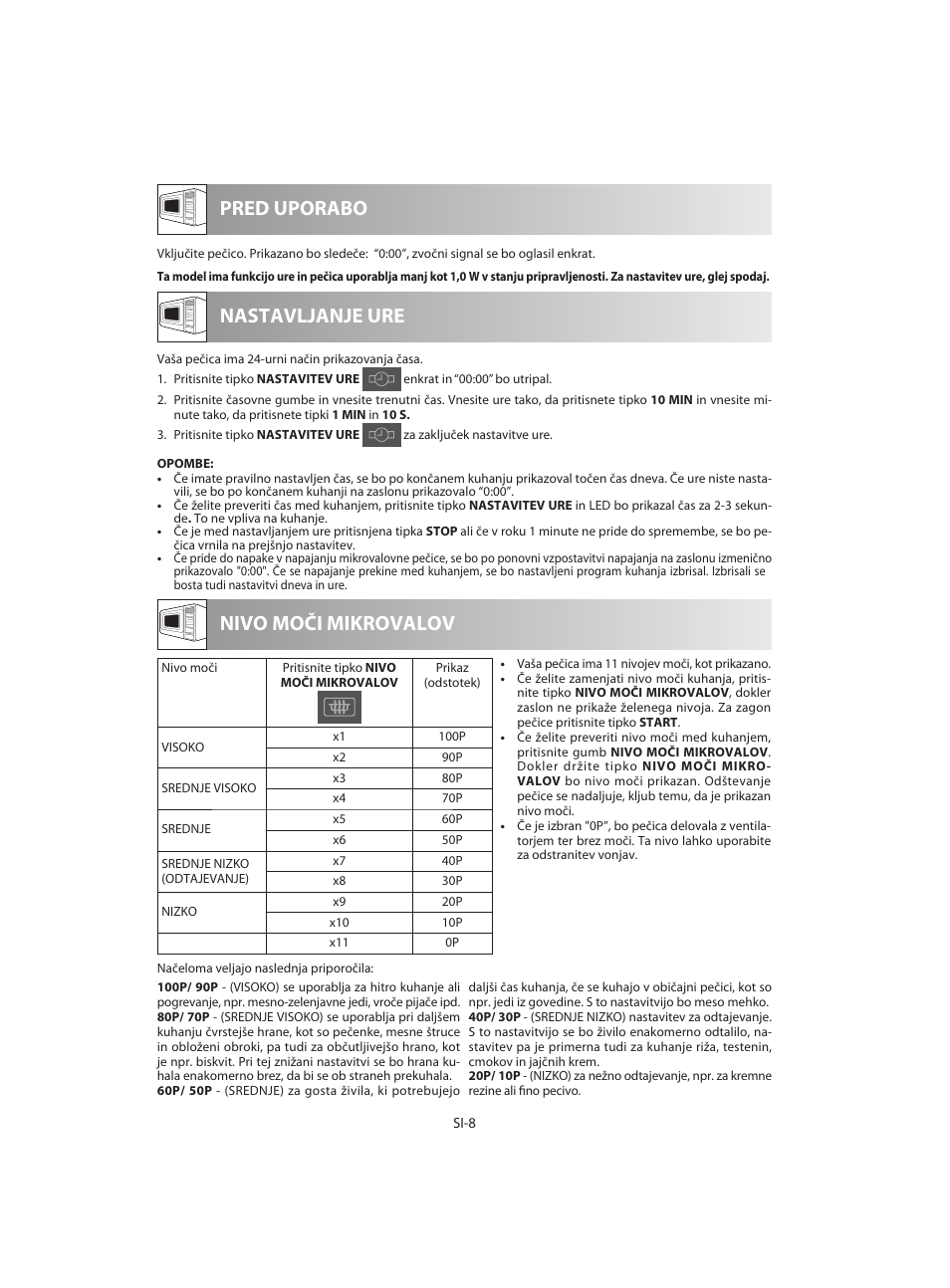 Pred uporabo nivo moči mikrovalov, Nastavljanje ure | Sharp R-642WE User Manual | Page 58 / 226