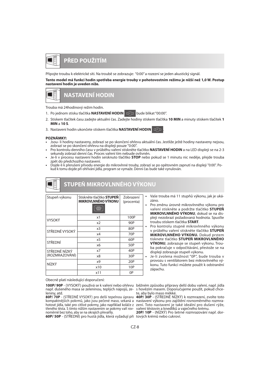 Před použitím stupeň mikrovlnného výkonu, Nastavení hodin | Sharp R-642WE User Manual | Page 74 / 226