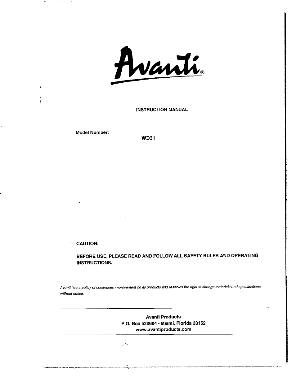 Avanti WD31 User Manual | 15 pages