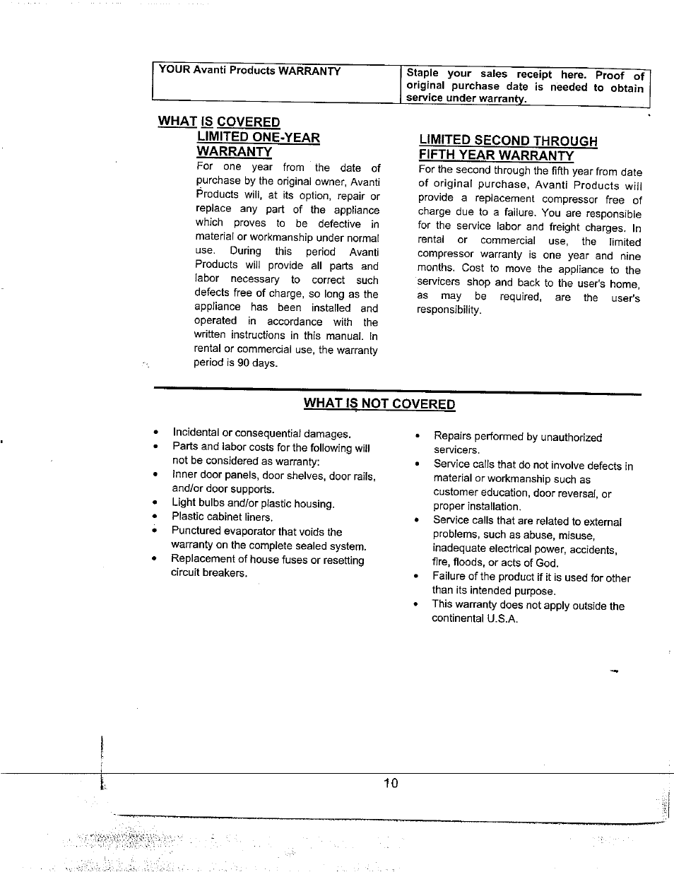 Your avant) products warrant, What is covered, Liiviited one-year warranty | Limited second through fifth year warranty, What is not covered | Avanti WD31 User Manual | Page 12 / 15