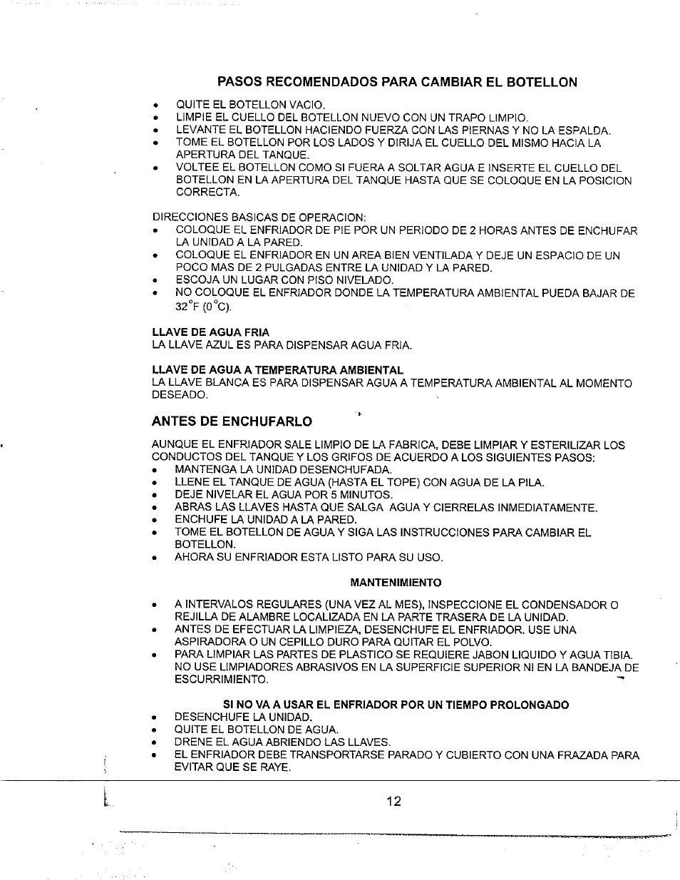 Pasos recomendados para cambiar el botellon, Llave de agua fria, Llave de agua a temperatura ambiental | Antes de enchufarlo, Mantenimiento | Avanti WD31 User Manual | Page 14 / 15