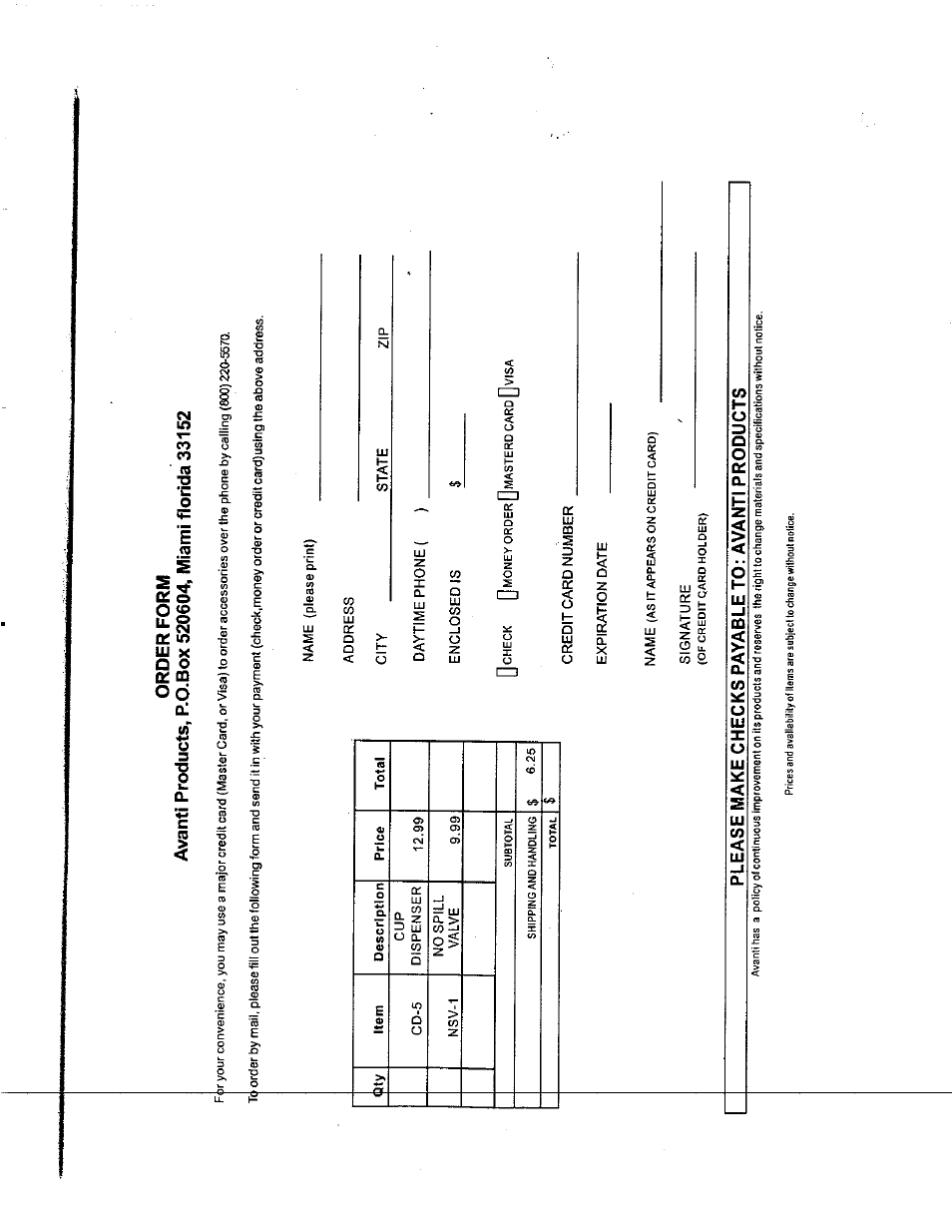 Order form, Please make checks payable to: avanti products | Avanti WD31 User Manual | Page 2 / 15