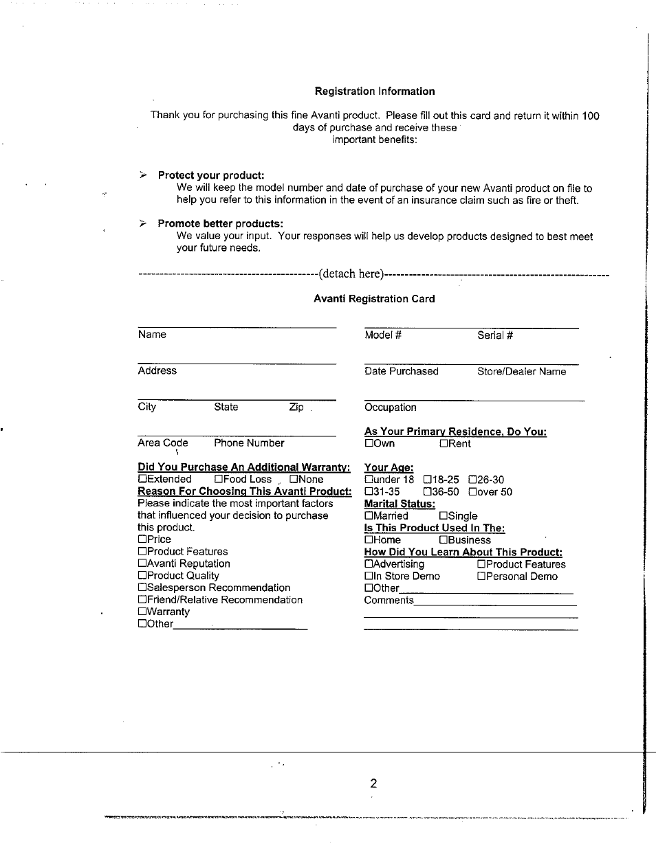 Registration information, Protect your product, Promote better products | Avant) registration card, As your primary residence, do you, Did you purchase an additional warranty, Your age | Avanti WD31 User Manual | Page 4 / 15