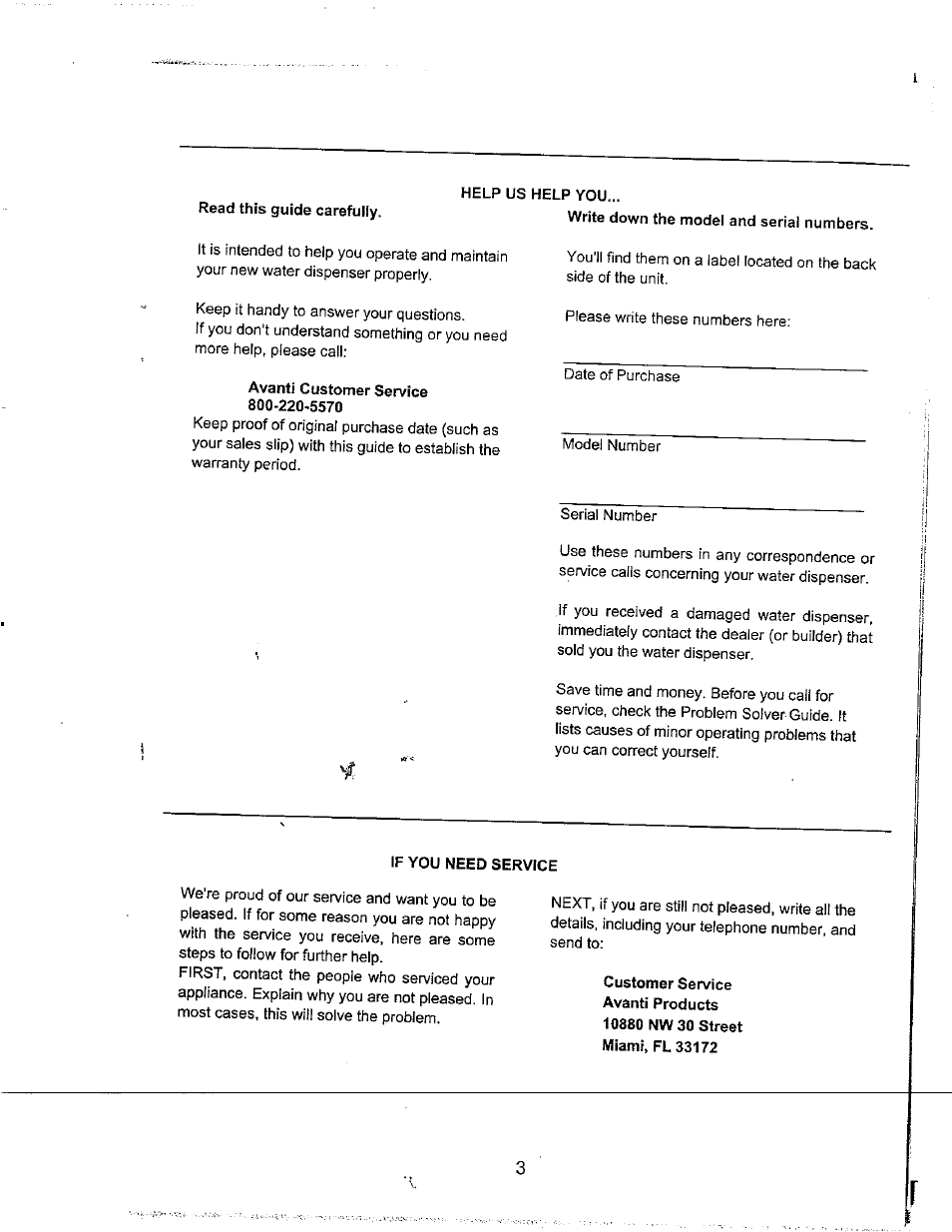 Help us help you, Avanti customer service 800-220-5570, If you need service | Avanti WD31 User Manual | Page 5 / 15