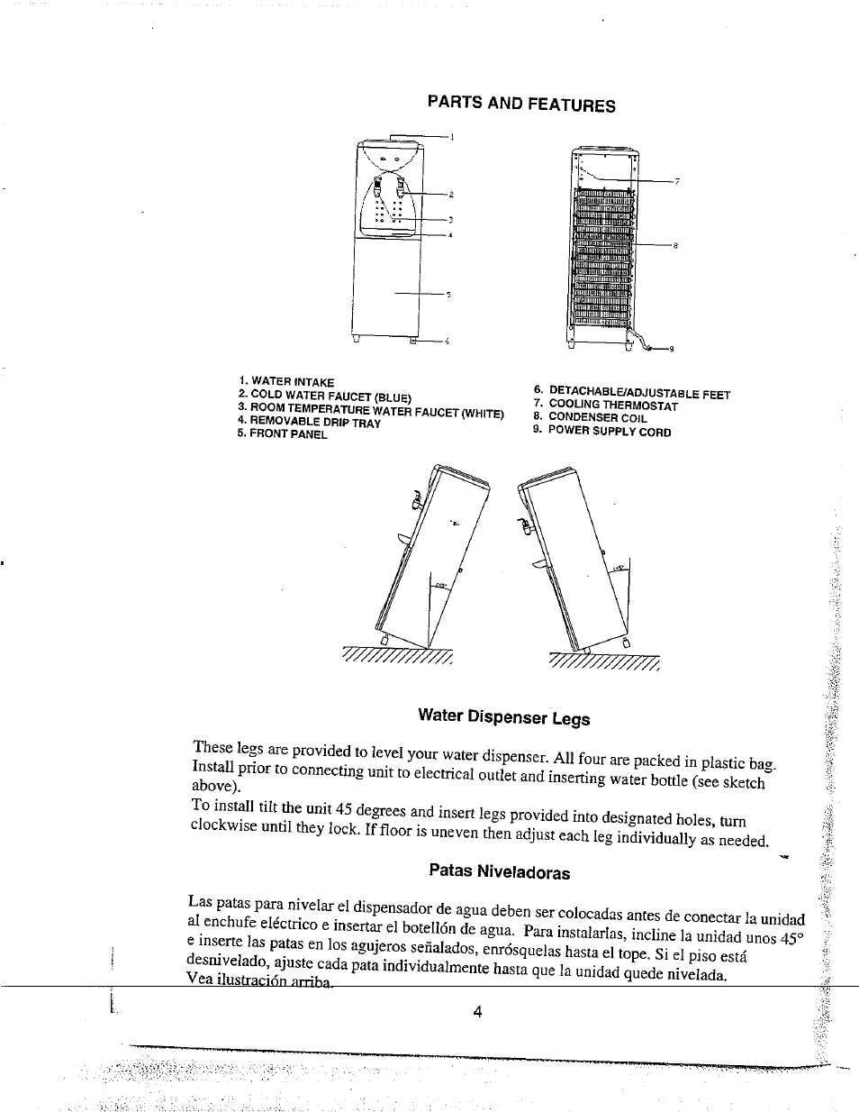 Parts and features, Water dispenser legs, Patas niveladoras | Avanti WD31 User Manual | Page 6 / 15