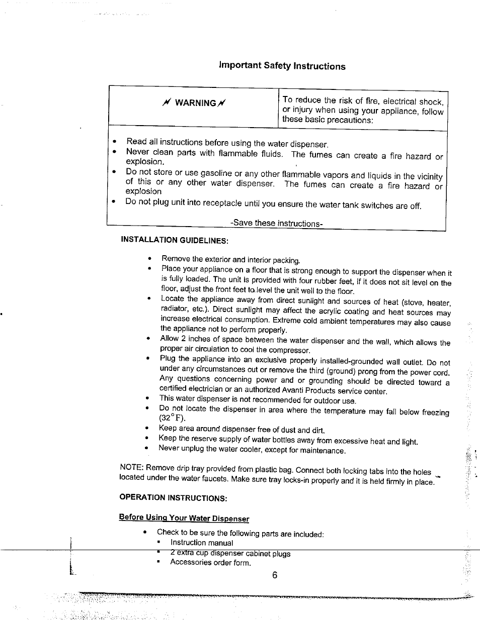 Important safety instructions, Y warninoy, Installation guidelines | Operation instructions | Avanti WD31 User Manual | Page 8 / 15