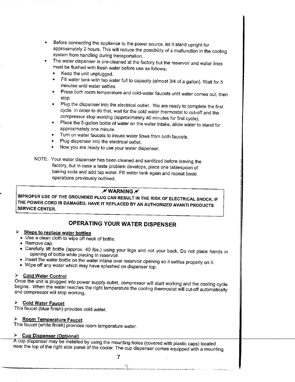 Ywarninoy, Operating your water dispenser, Steps to replace water bottles | Cold water control, Cold water faucet, Room temperature faucet | Avanti WD31 User Manual | Page 9 / 15