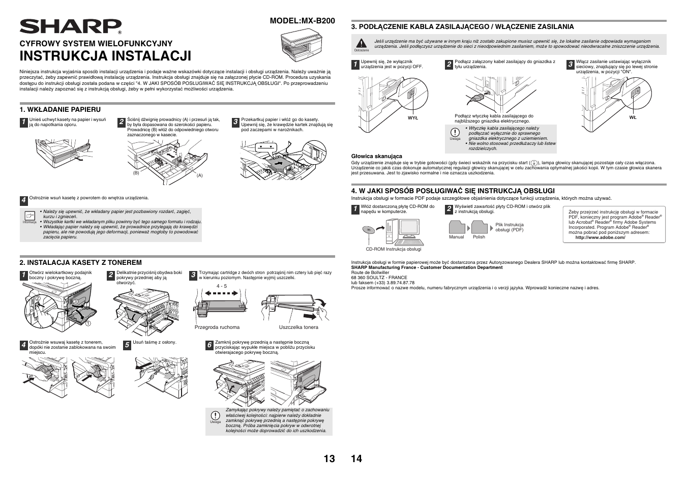 Instrukcja instalacji, Cyfrowy system wielofunkcyjny, Model:mx-b200 | Sharp MX-B200 User Manual | Page 15 / 40