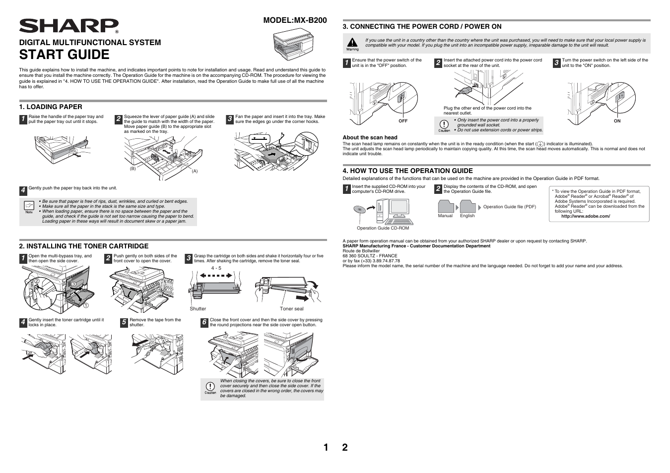 Start guide, Digital multifunctional system, Model:mx-b200 | Sharp MX-B200 User Manual | Page 3 / 40