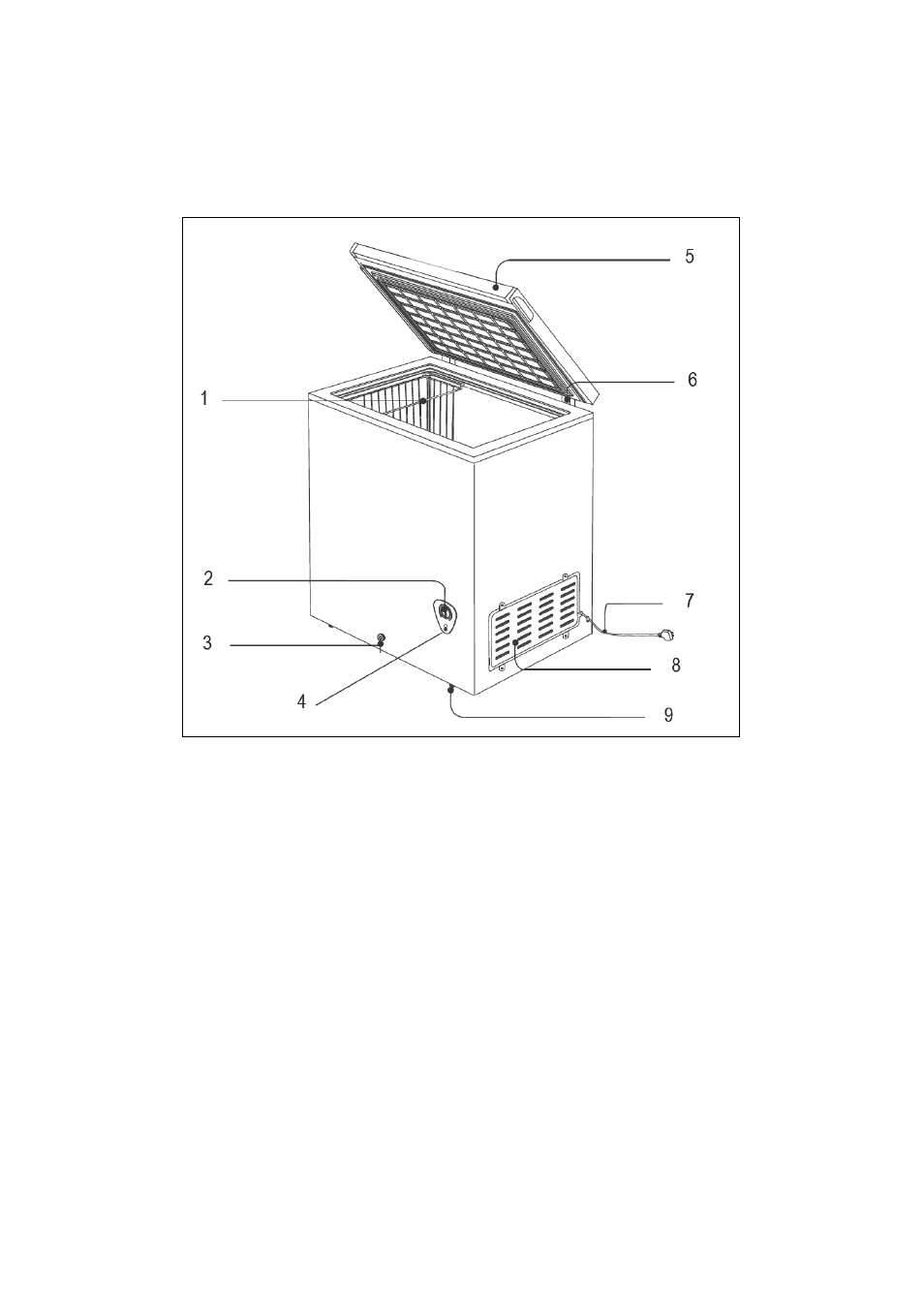 Cf146, Storage basket, Temperature control | Defrost drain, Power indicator light, Door with integrated handle, Hinge, Power cord, Side panel, Legs | Avanti CF146 User Manual | Page 4 / 20