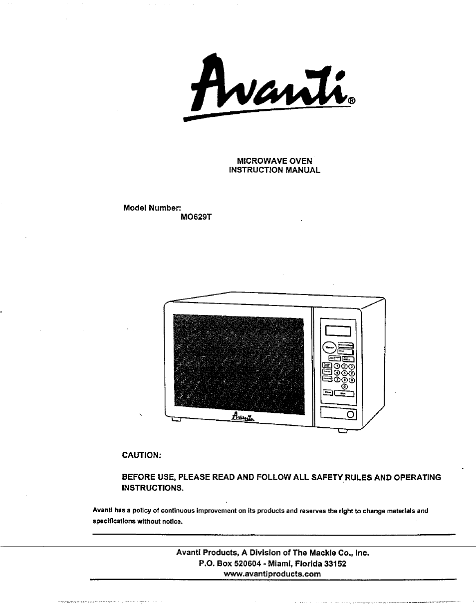 Avanti mo629t User Manual | 21 pages