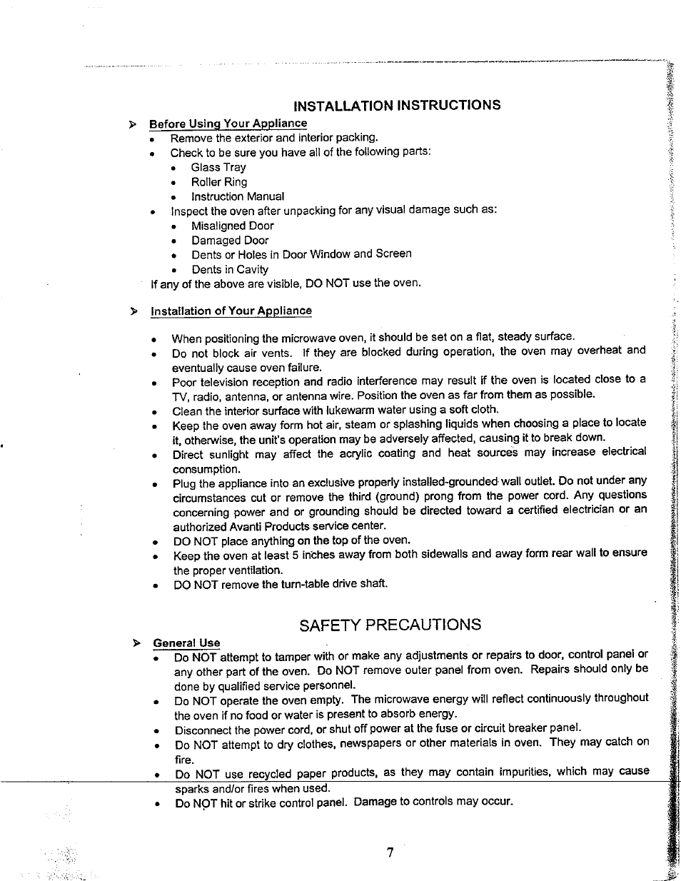 Installation instructions, Safety precautions | Avanti mo629t User Manual | Page 7 / 21