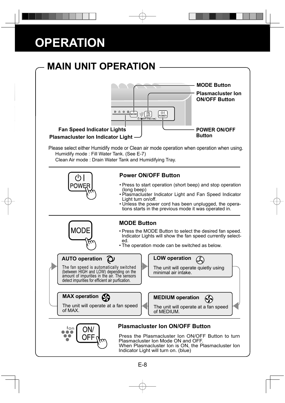 Operation, Main unit operation | Sharp KC-930EU-W User Manual | Page 10 / 200