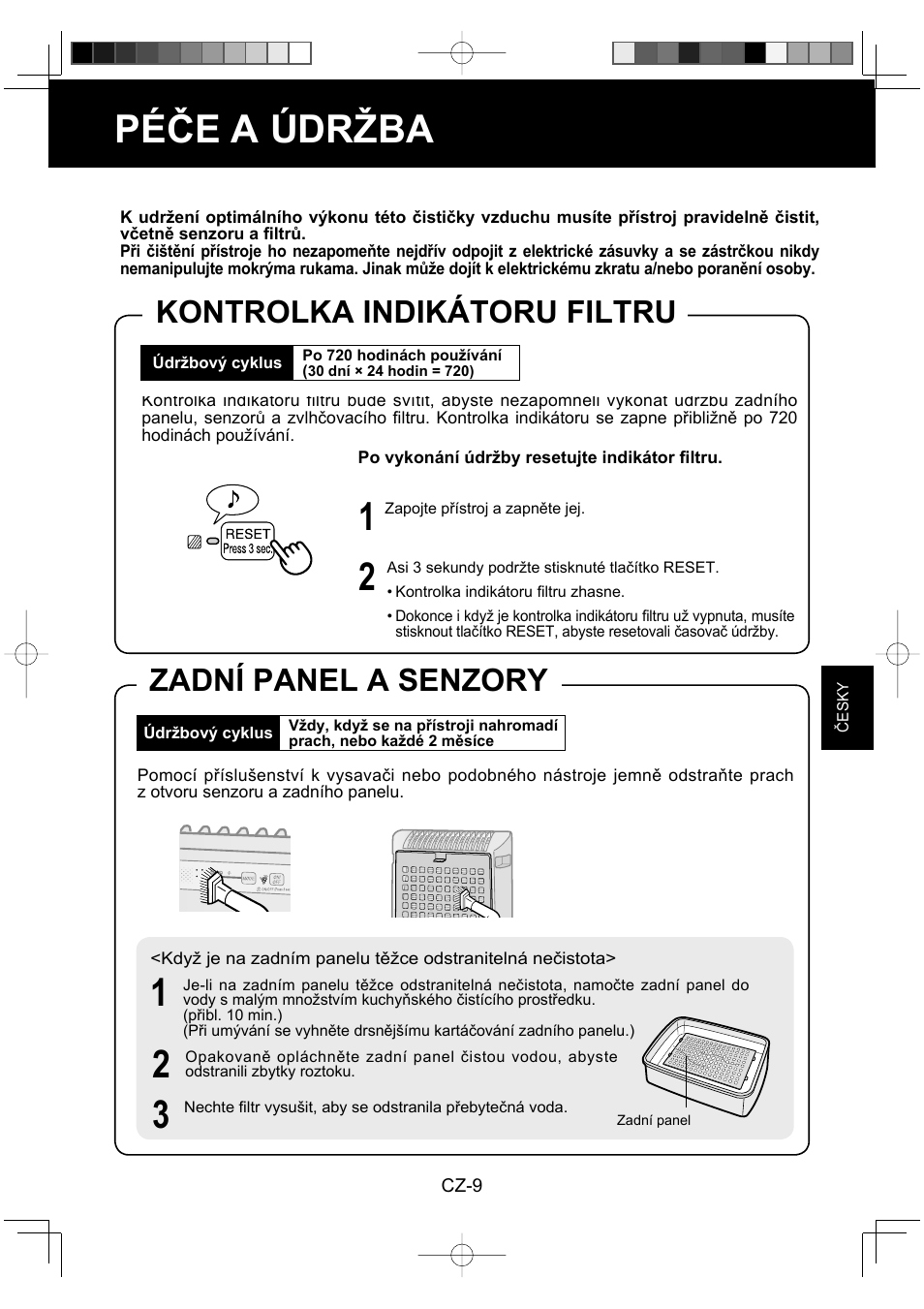 Péče a údržba, Kontrolka indikátoru filtru, Zadní panel a senzory | Sharp KC-930EU-W User Manual | Page 101 / 200