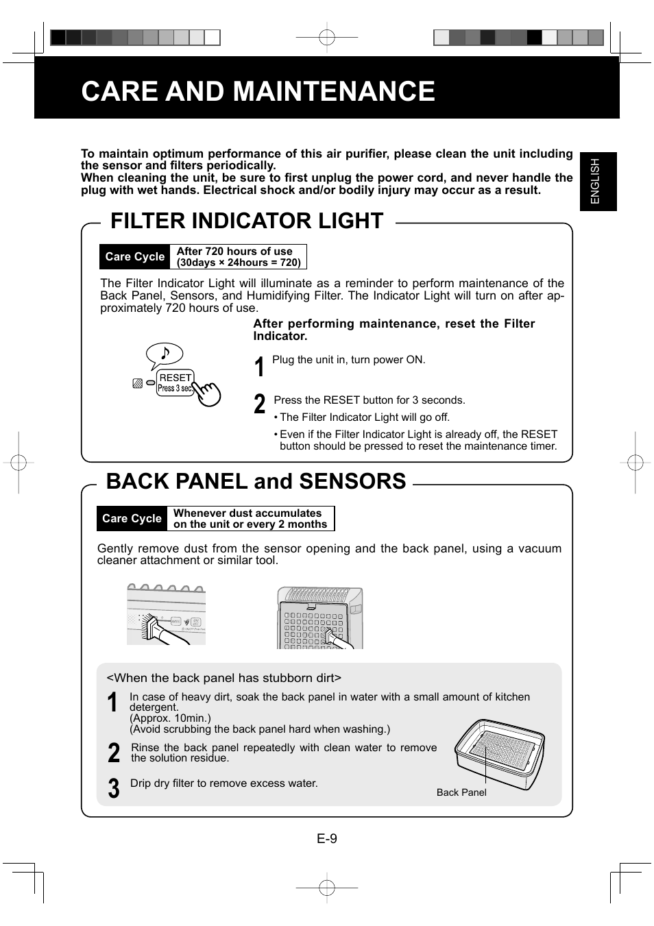 Care and maintenance, Filter indicator light, Back panel and sensors | Sharp KC-930EU-W User Manual | Page 11 / 200
