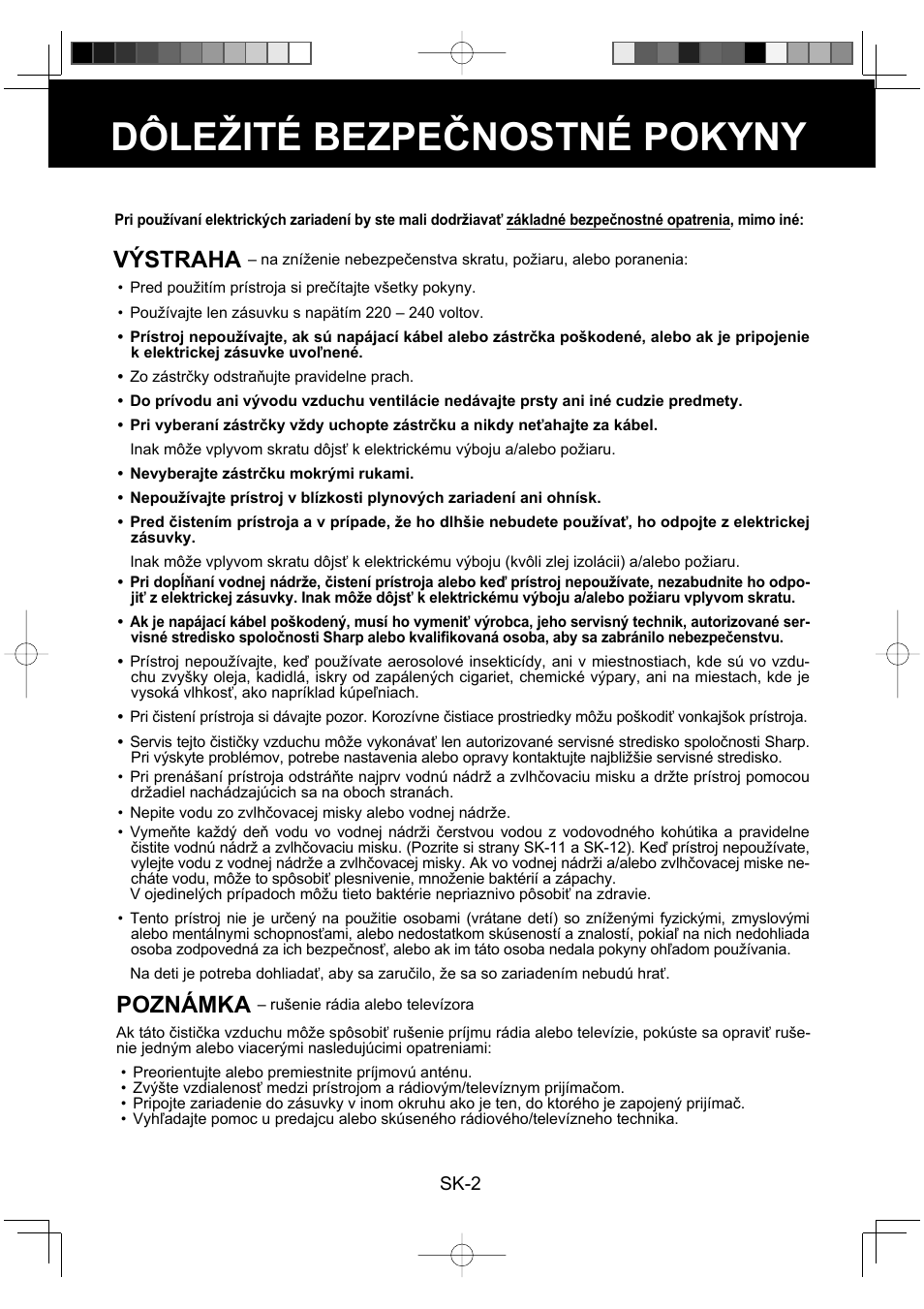 Dôležité bezpečnostné pokyny, Výstraha, Poznámka | Sharp KC-930EU-W User Manual | Page 112 / 200