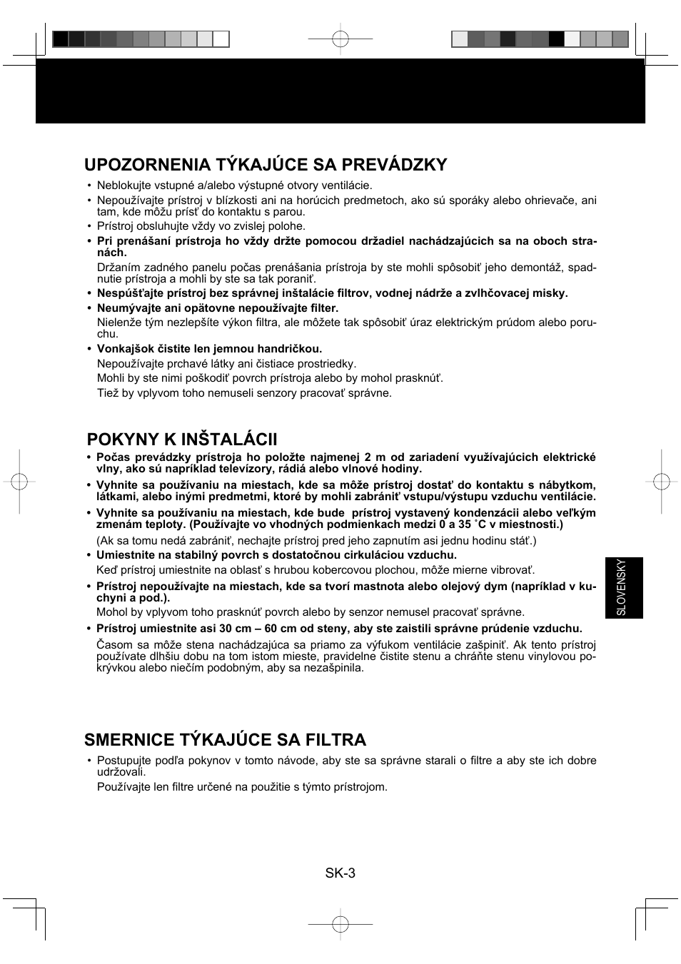Upozornenia týkajúce sa prevádzky, Pokyny k inštalácii, Smernice týkajúce sa filtra | Sharp KC-930EU-W User Manual | Page 113 / 200