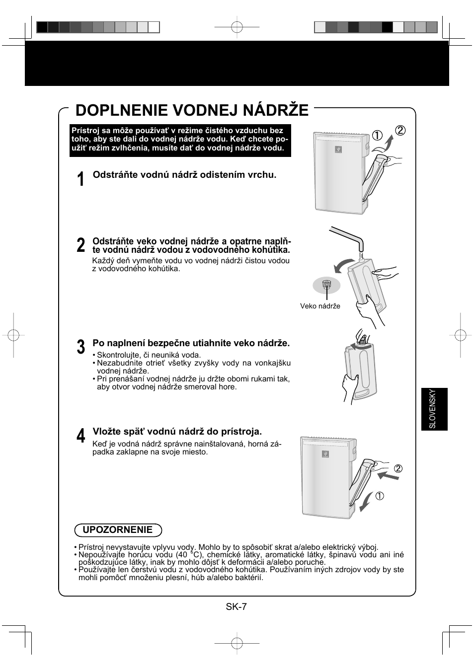 Doplnenie vodnej nádrže | Sharp KC-930EU-W User Manual | Page 117 / 200