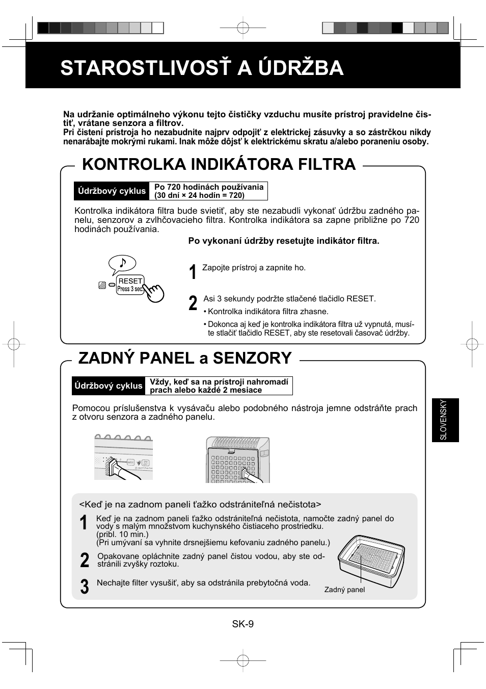 Starostlivosť a údržba, Kontrolka indikátora filtra, Zadný panel a senzory | Sharp KC-930EU-W User Manual | Page 119 / 200