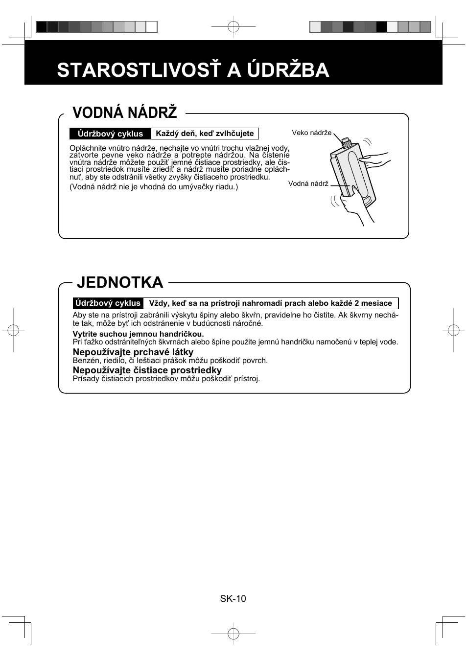 Starostlivosť a údržba, Vodná nádrž, Jednotka | Sharp KC-930EU-W User Manual | Page 120 / 200