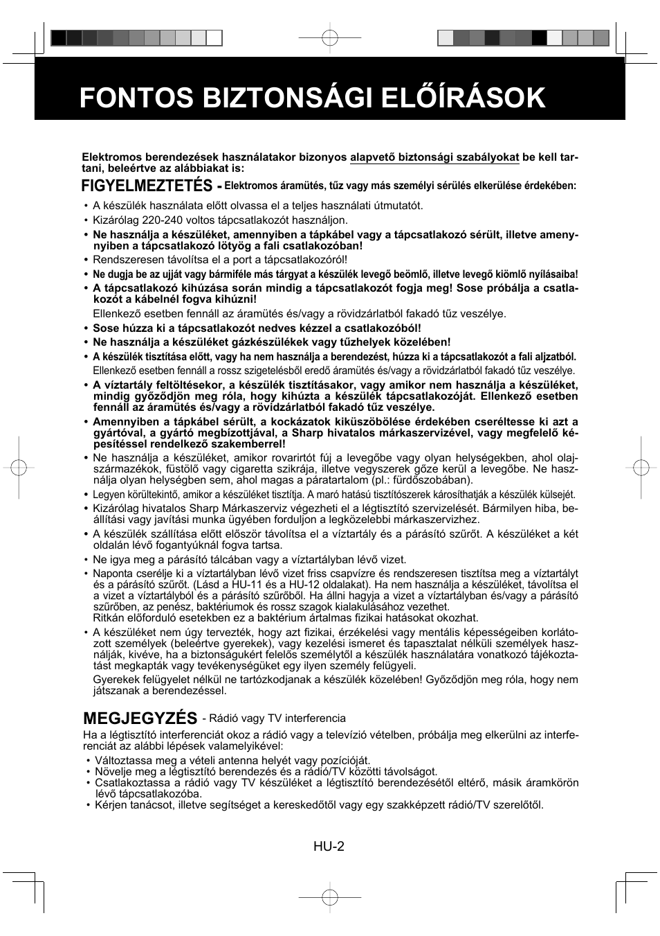 Fontos biztonsági előírások, Figyelmeztetés, Megjegyzés | Sharp KC-930EU-W User Manual | Page 130 / 200