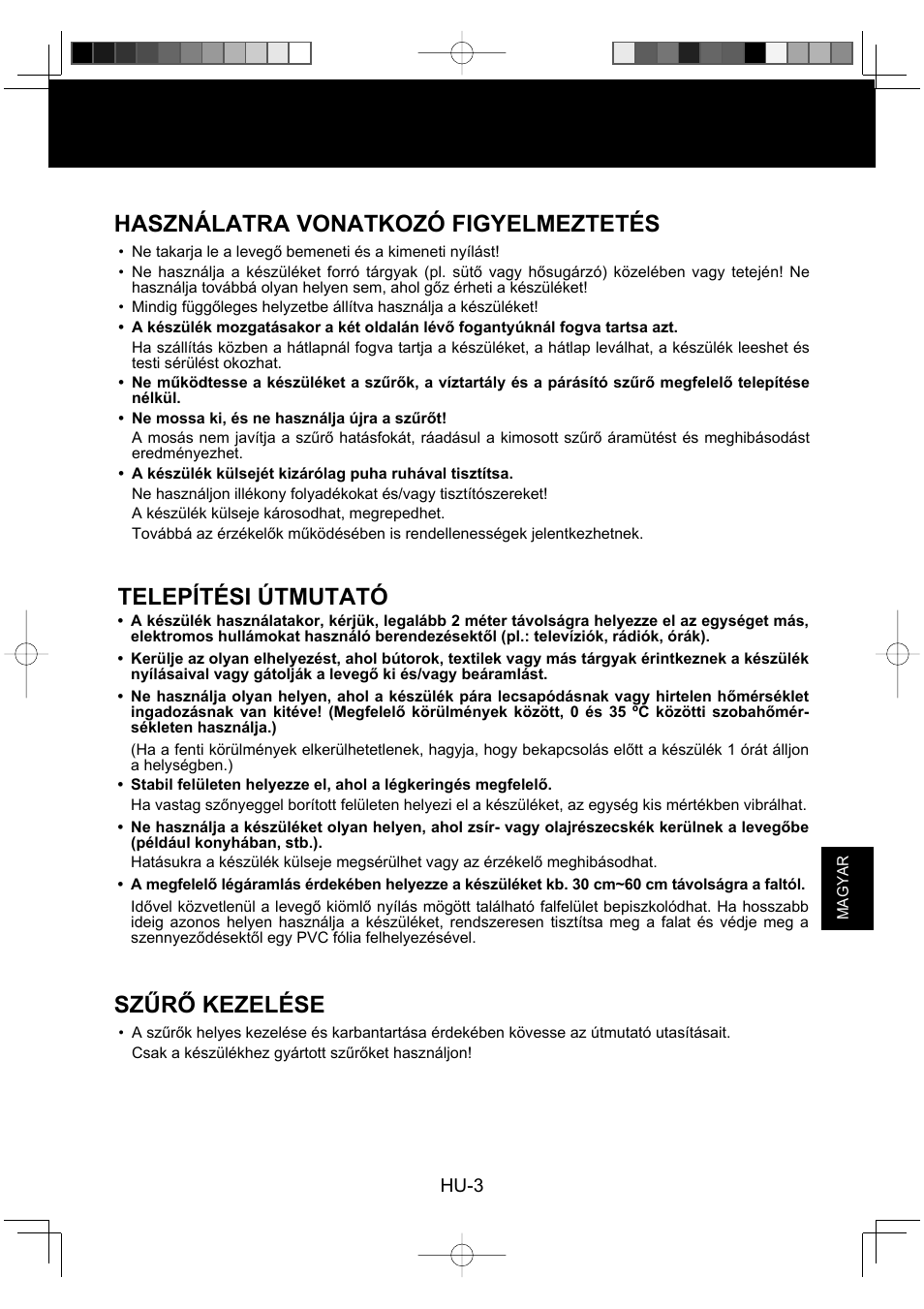Használatra vonatkozó figyelmeztetés, Telepítési útmutató, Szűrő kezelése | Sharp KC-930EU-W User Manual | Page 131 / 200