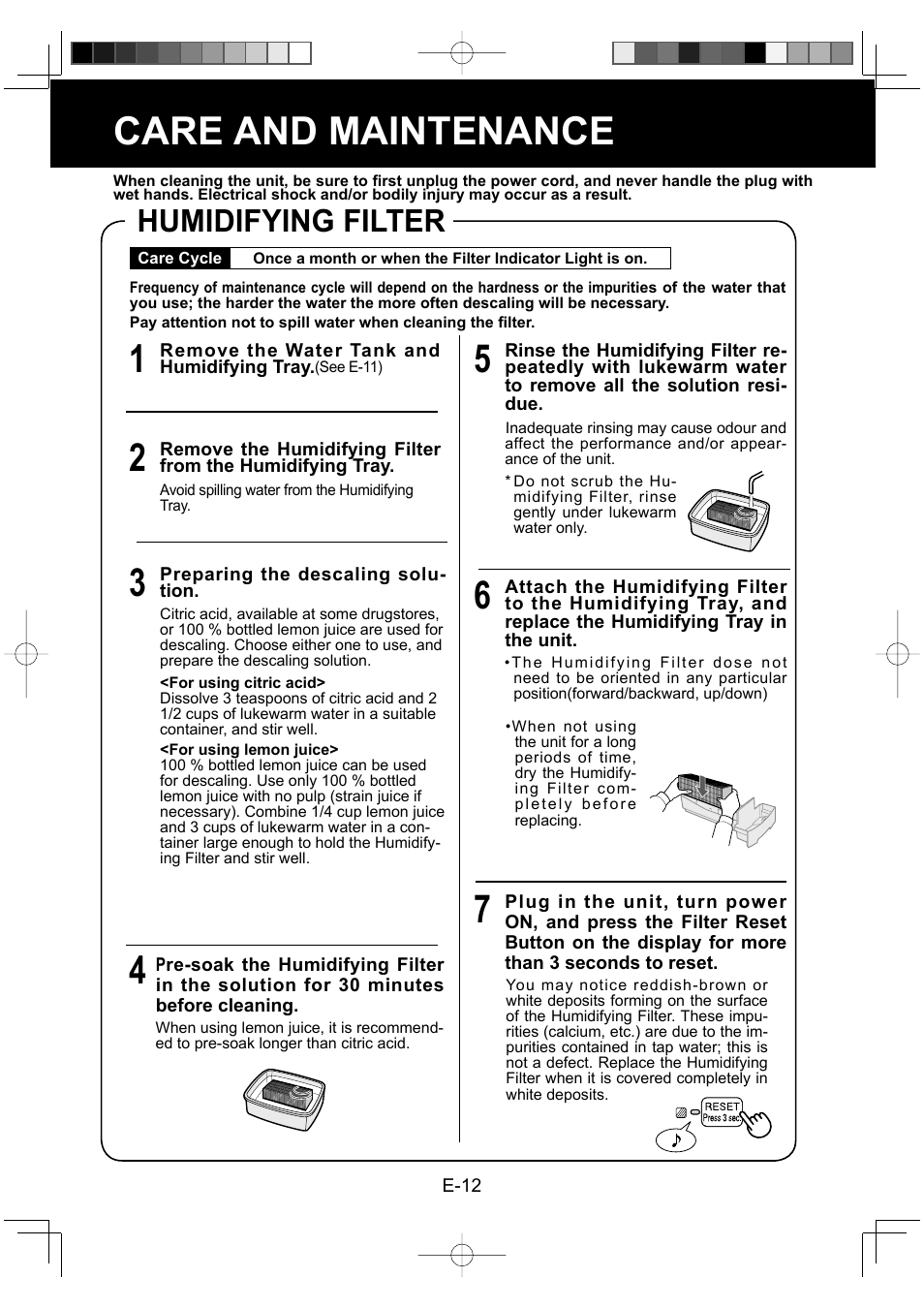 Care and maintenance, Humidifying filter | Sharp KC-930EU-W User Manual | Page 14 / 200