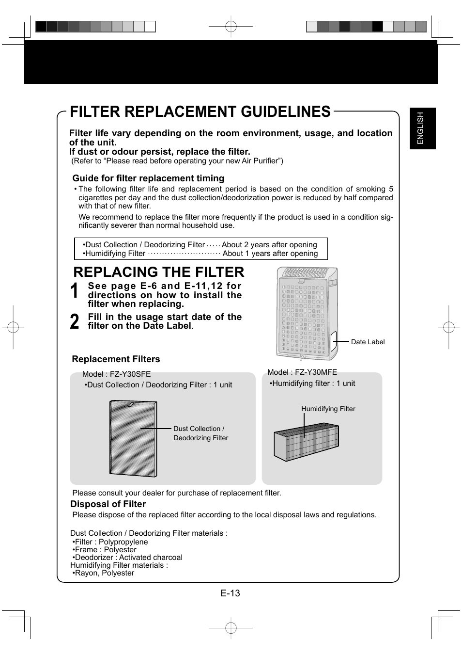 Filter replacement guidelines, Replacing the filter | Sharp KC-930EU-W User Manual | Page 15 / 200