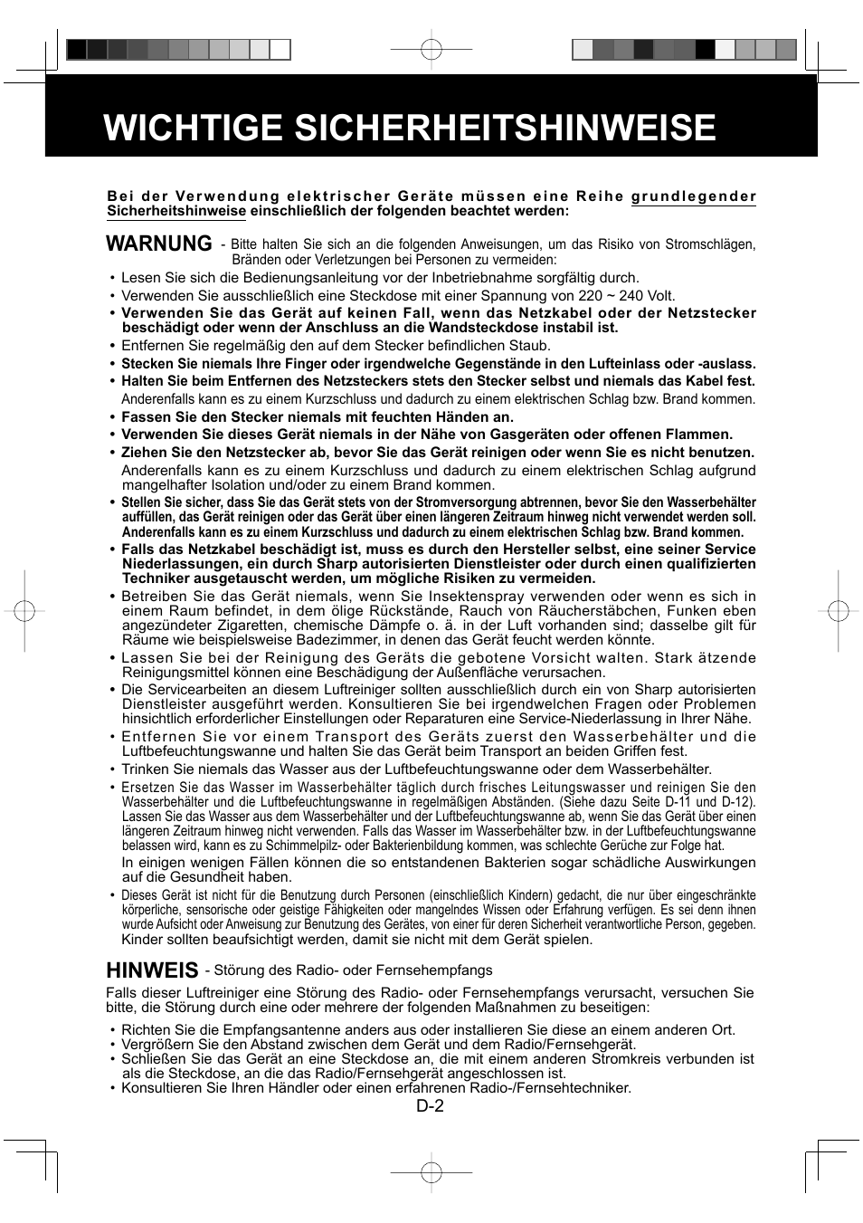 Wichtige sicherheitshinweise, Warnung, Hinweis | Sharp KC-930EU-W User Manual | Page 22 / 200