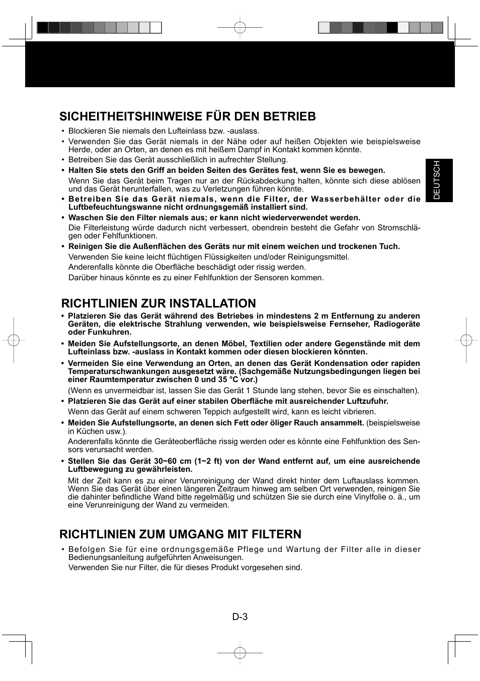 Sicheitheitshinweise für den betrieb, Richtlinien zur installation, Richtlinien zum umgang mit filtern | Sharp KC-930EU-W User Manual | Page 23 / 200