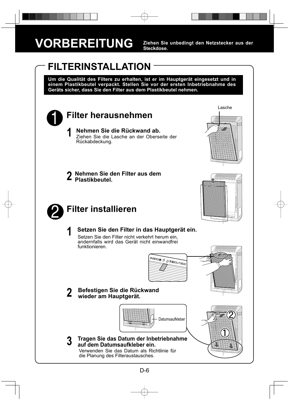 Vorbereitung, Filterinstallation, Filter herausnehmen | Filter installieren | Sharp KC-930EU-W User Manual | Page 26 / 200