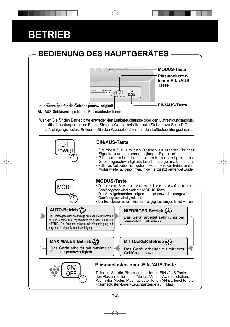 Betrieb, Bedienung des hauptgerätes | Sharp KC-930EU-W User Manual | Page 28 / 200