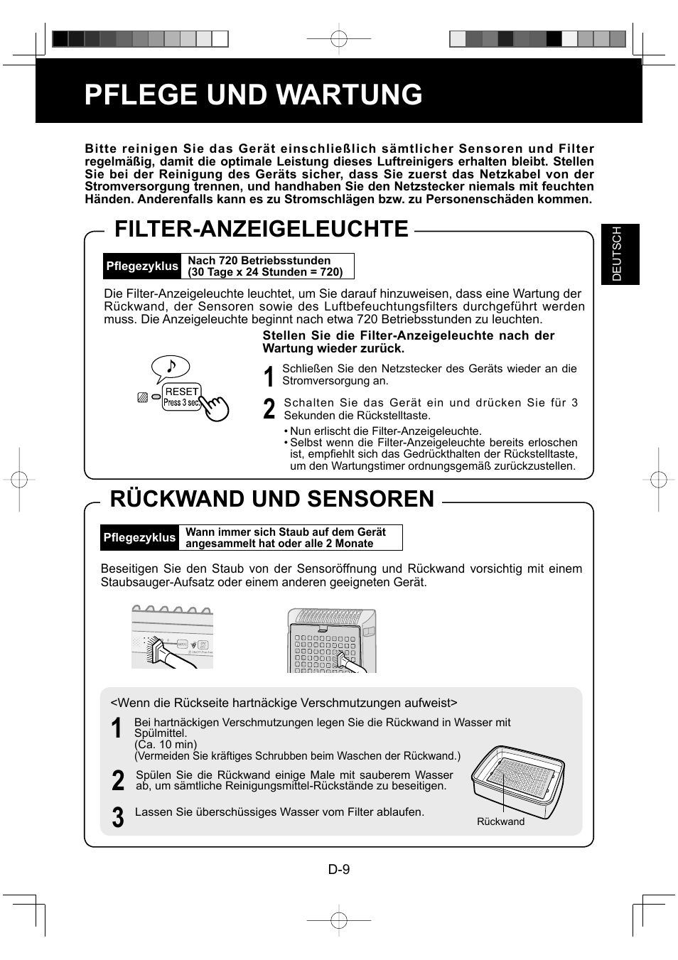 Pflege und wartung, Filter-anzeigeleuchte, Rückwand und sensoren | Sharp KC-930EU-W User Manual | Page 29 / 200