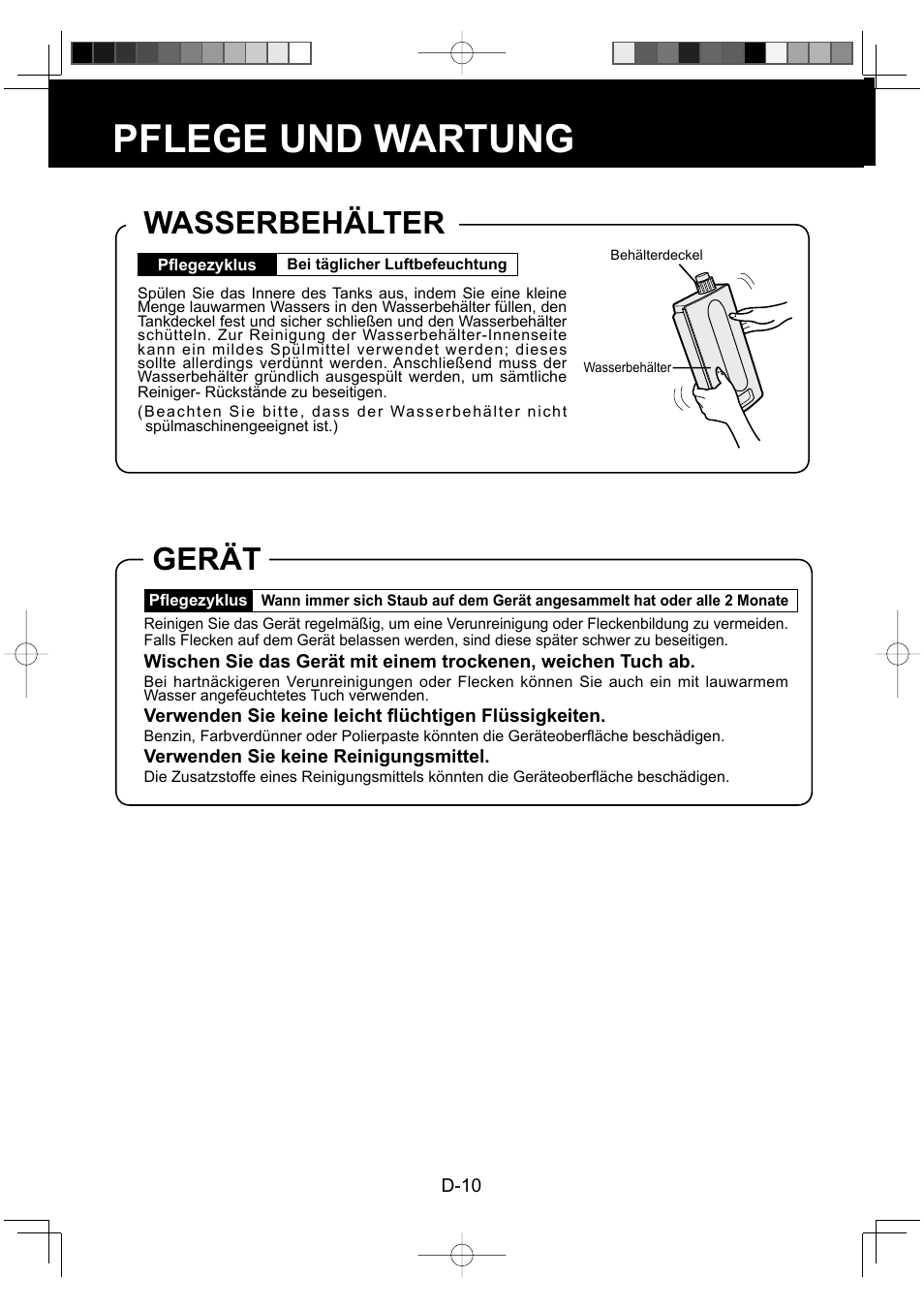 Pflege und wartung, Wasserbehälter, Gerät | Sharp KC-930EU-W User Manual | Page 30 / 200