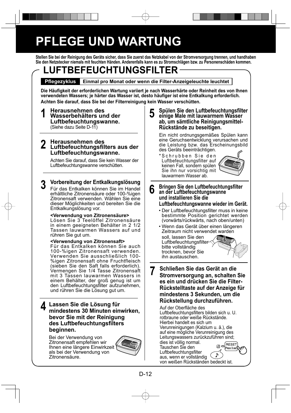 Pflege und wartung, Luftbefeuchtungsfilter | Sharp KC-930EU-W User Manual | Page 32 / 200